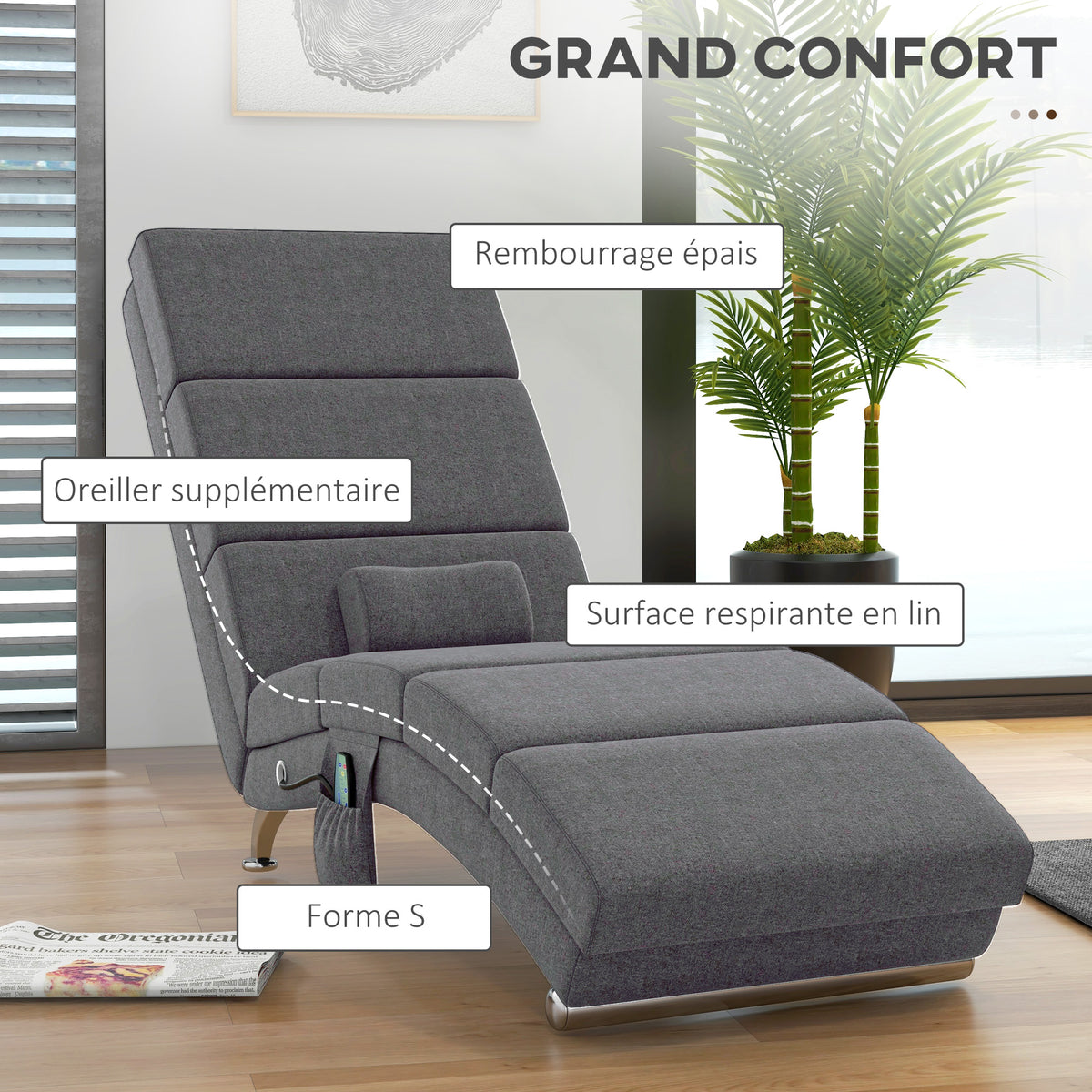Fauteuil relax salon fauteuil de massage et chauffage meridienne avec télécommande et oreiller, tissu effet lin, gris-4