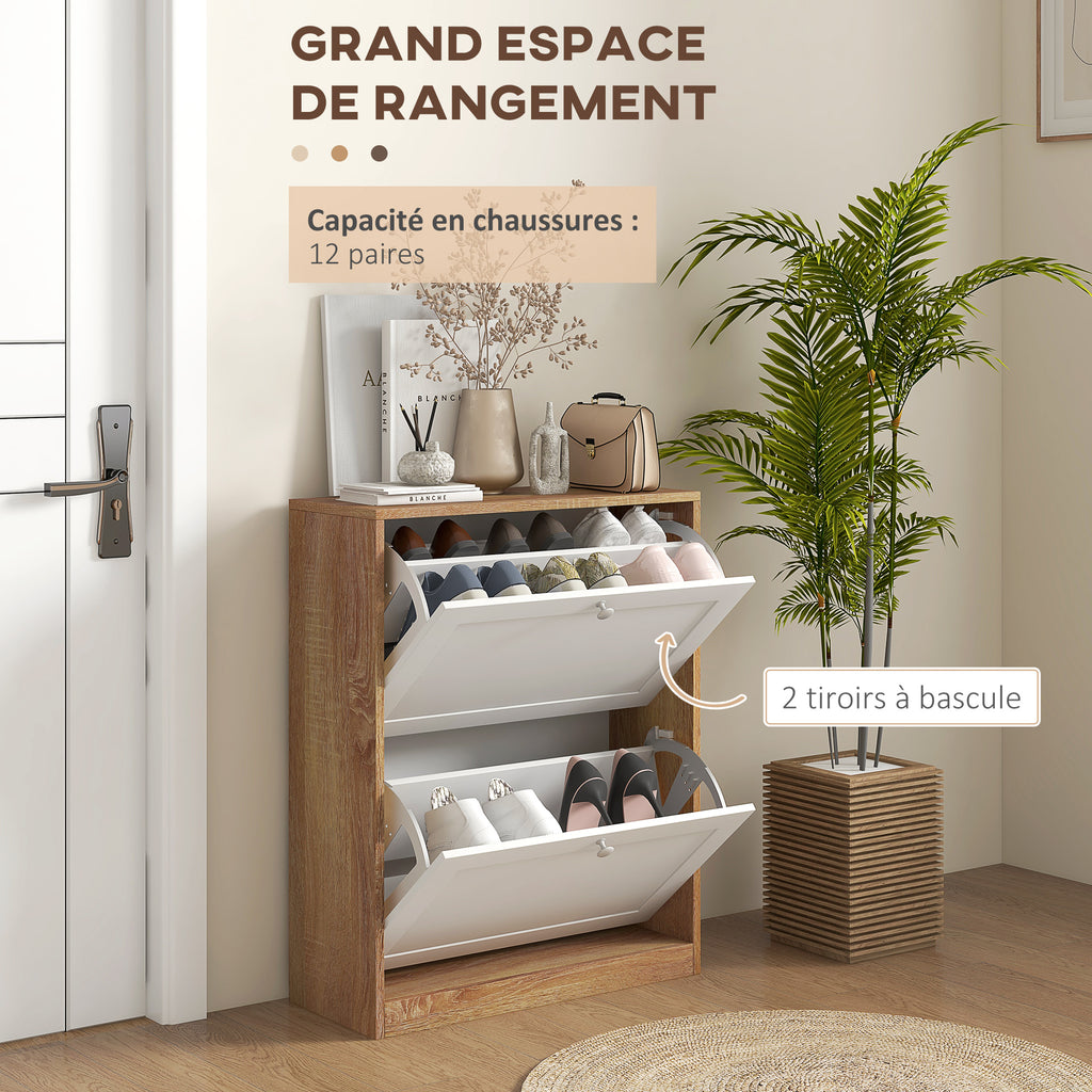 Meuble à chaussures 12 paires, armoire à chaussures, 2 tiroirs rabattables et étagères réglables, 60x24,5x75,5cm, blanc-3