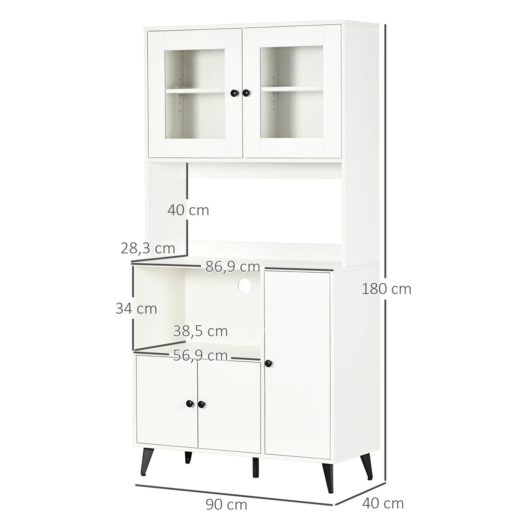 Armoire de cuisine avec 3 placards, niches, étagères réglables, portes vitrées, passe-câble, 90x40x180cm, blanc-2