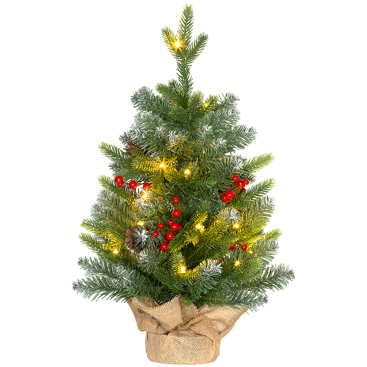 Albero di Natale da tavolo 60 cm con 20 LED, pigne e bacche rosse