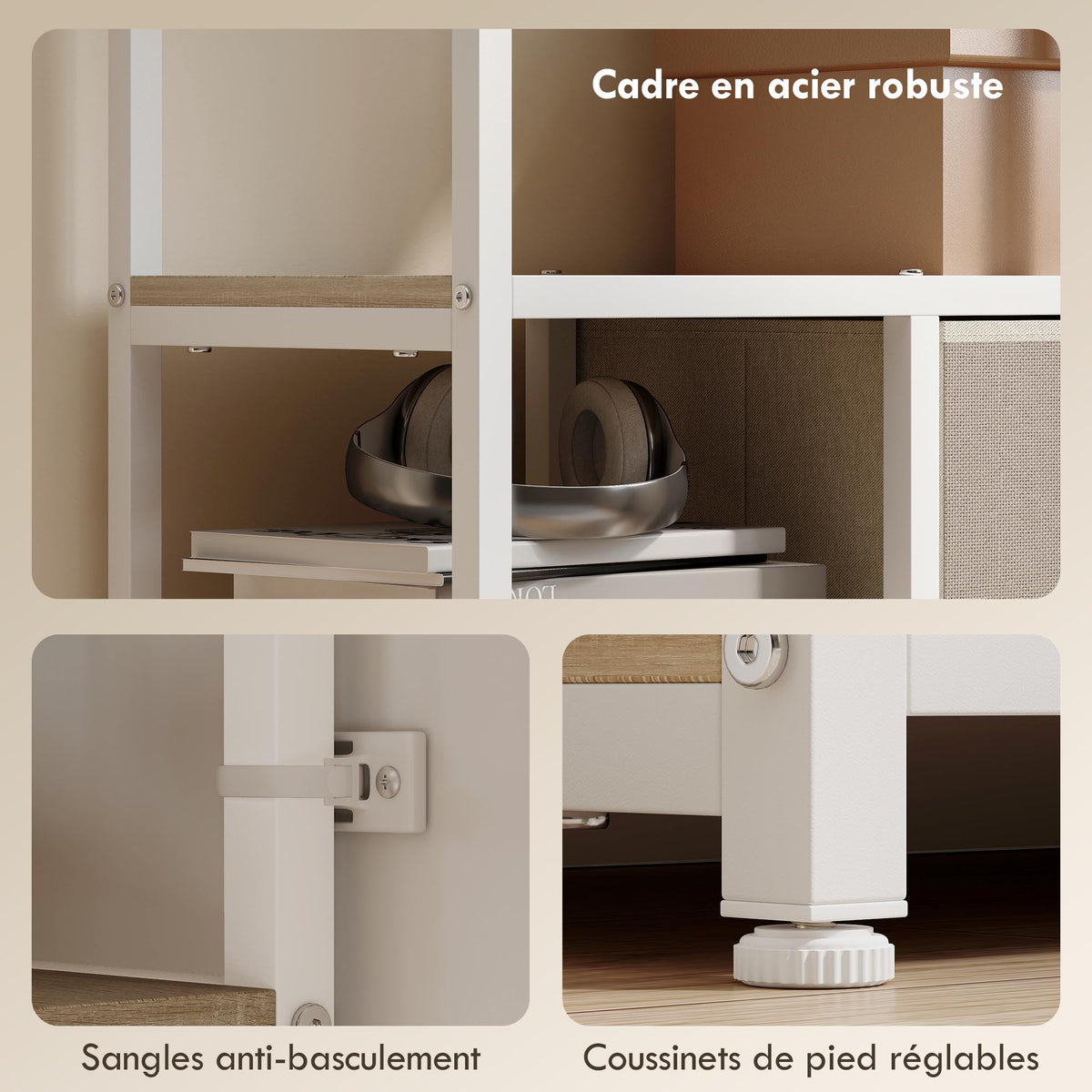 Étagère de rangement 6 niveaux, bibliothèque avec 2 tiroirs en tissu, 9 étagères ouvertes, 72,5 x 30 x 150 cm, blanc-5