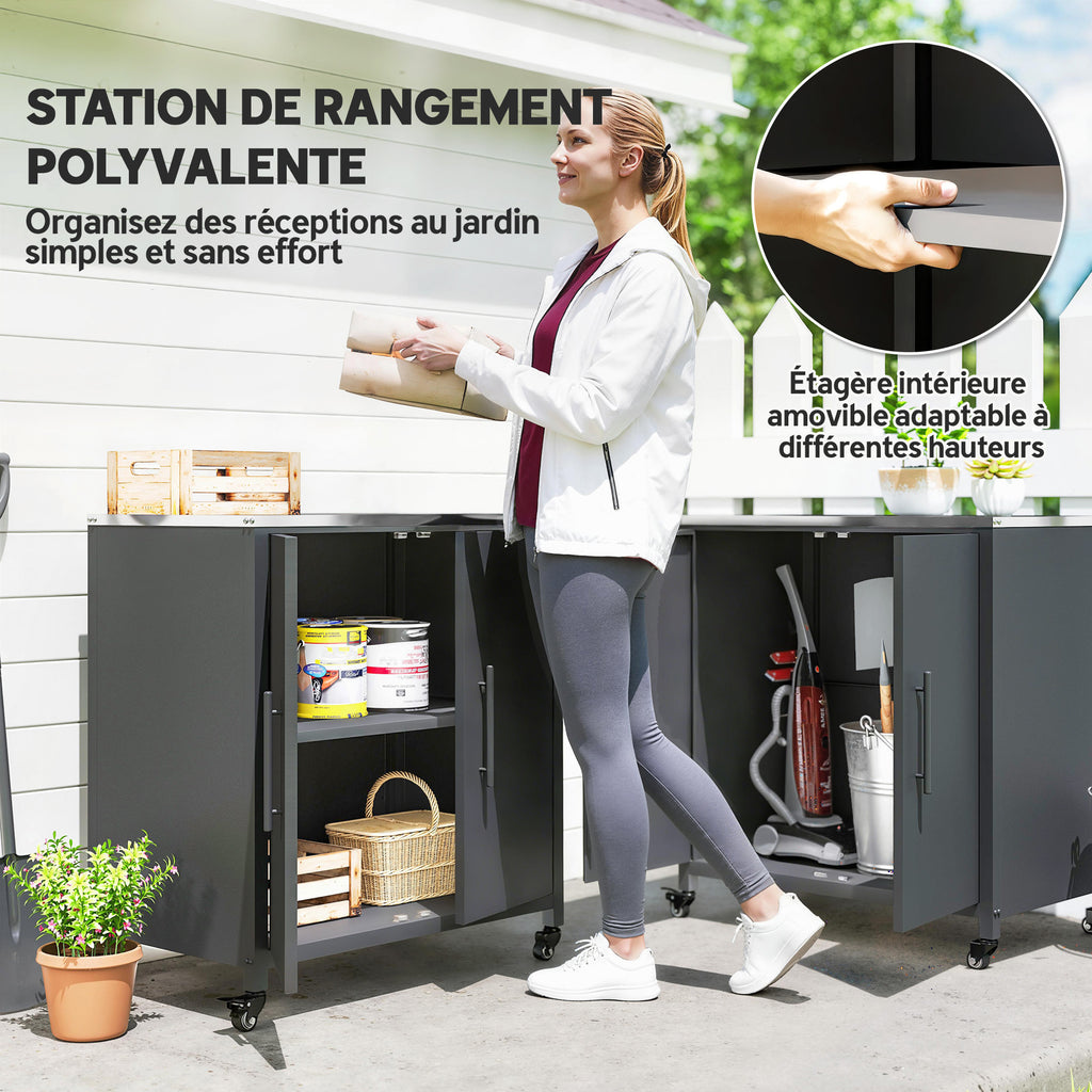 Armoire de jardin en Métal, Armoire de Rangement Extérieur, Toit en Acier Inoxydable et Roulettes, Noir-3