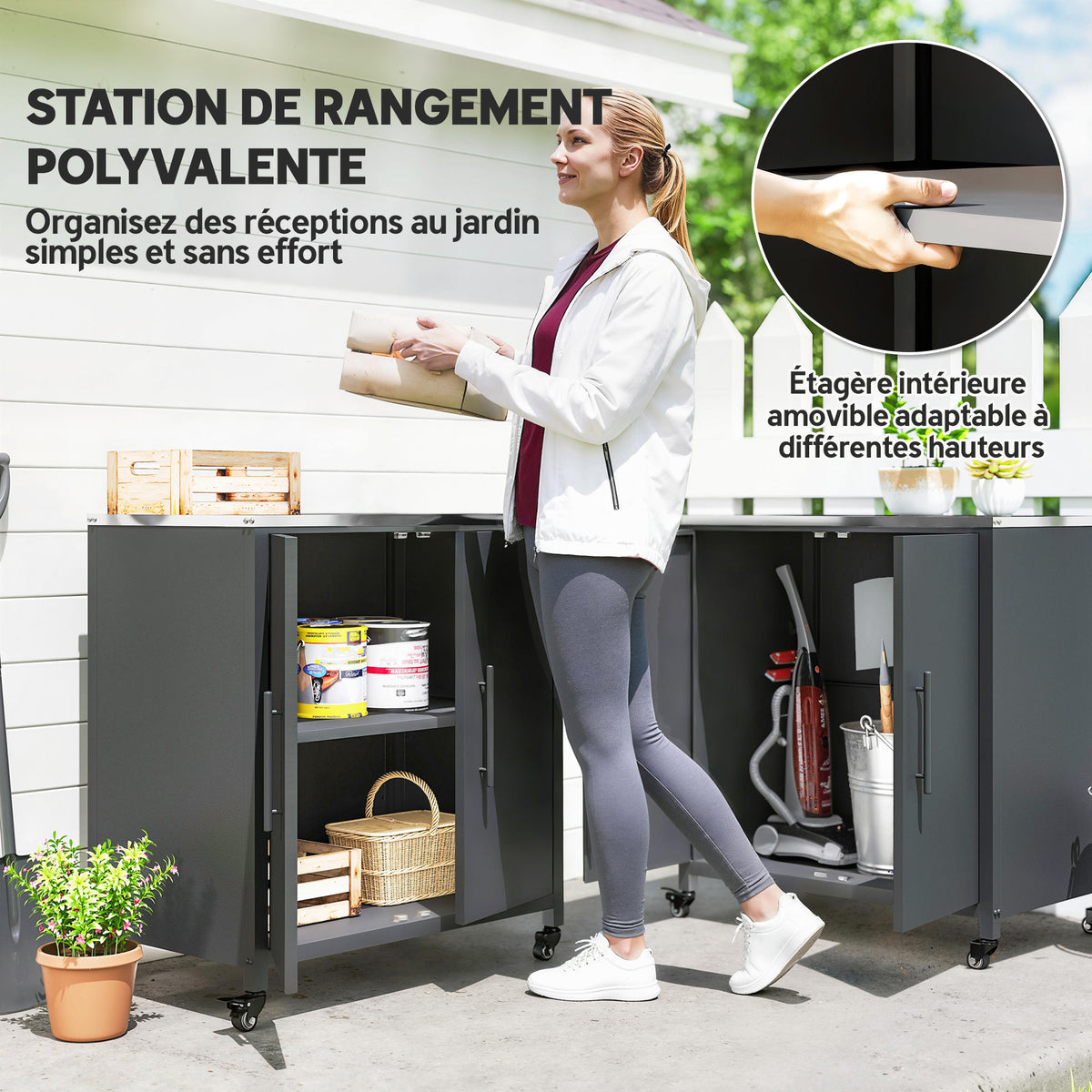 Armoire de jardin en Métal, Armoire de Rangement Extérieur, Toit en Acier Inoxydable et Roulettes, Noir-3