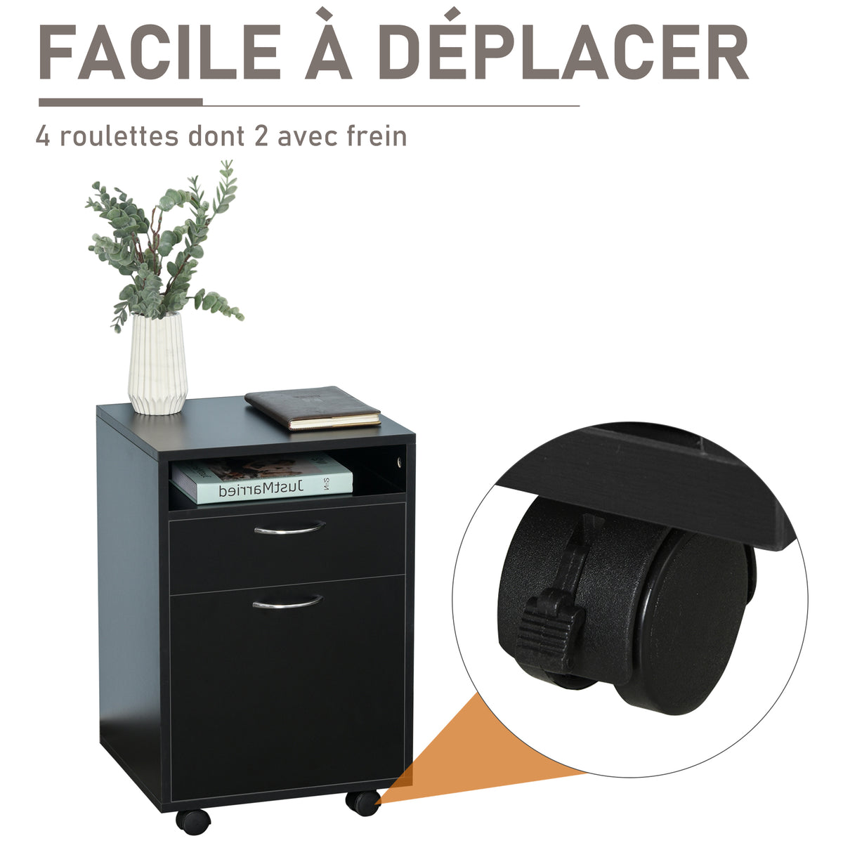 Caisson de bureau rangement bureau sur roulettes tiroir placard niche panneaux particules noir-5