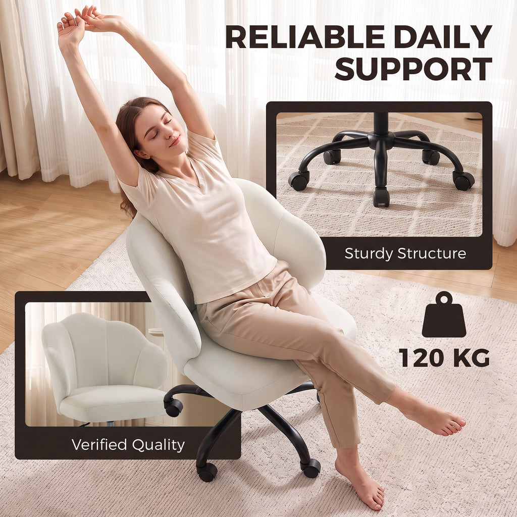 Chaise Bureau en Velours, Chaise Coiffeuse avec Dossier en Pétale, Hauteur Réglable, Fonction Bascule, Crème-7