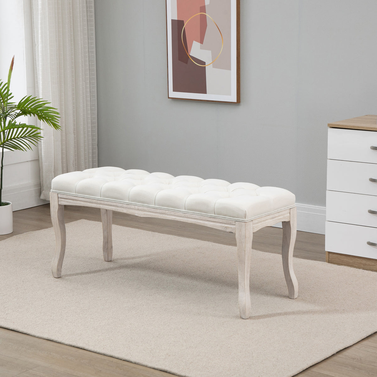 Banc Banquette capitonnée Style Classique 110 cm Bout de lit Rembourrée en lin piètement Bois hévéa sculpté Beige-9