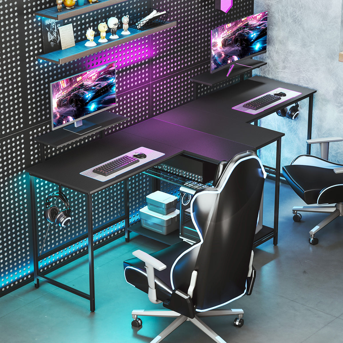 Bureau gaming réversible, bureau gaming d'angle, support pour écran, étagère en maille réglable, 114,5x82x91,5cm, noir-6