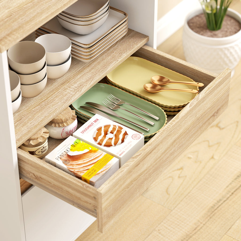 Meuble micro onde, buffet cuisine avec placard tiroir étagère supérieur, 60 x 40 x 131 cm chêne et blanc-6