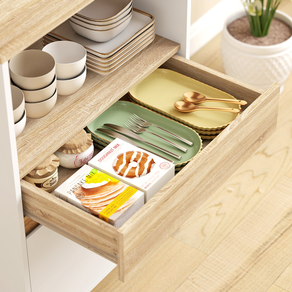 Meuble micro onde, buffet cuisine avec placard tiroir étagère supérieur, 60 x 40 x 131 cm chêne et blanc-6
