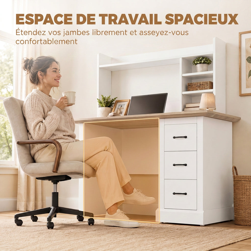 Bureau Informatique avec 3 Tiroirs, 120x55cm, Bureau avec Rangement, Étagères Ouvertes et Large Plateau, Chêne et Blanc-5