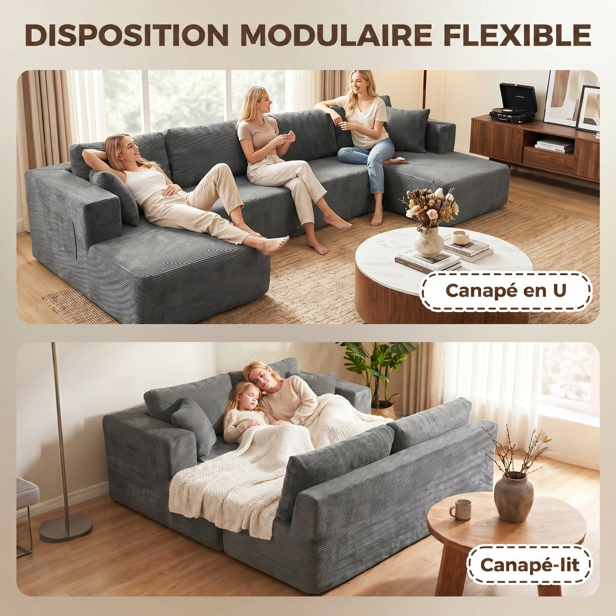 Canapé Modulaire en U 4 Places, 2 Méridiennes, Canapé 2 Places, 6 Coussins, Sans Montage, 369 x 152 x 78 cm, Gris-3