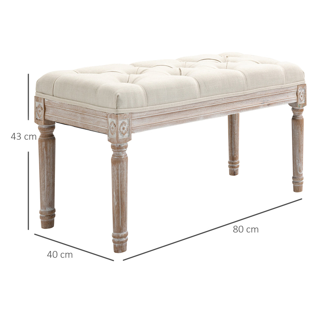 Banc Banquette classique capitonné 80cm bout de lit Rembourrée en lin - bois d'hévéa sculpté, patiné - Crème-2