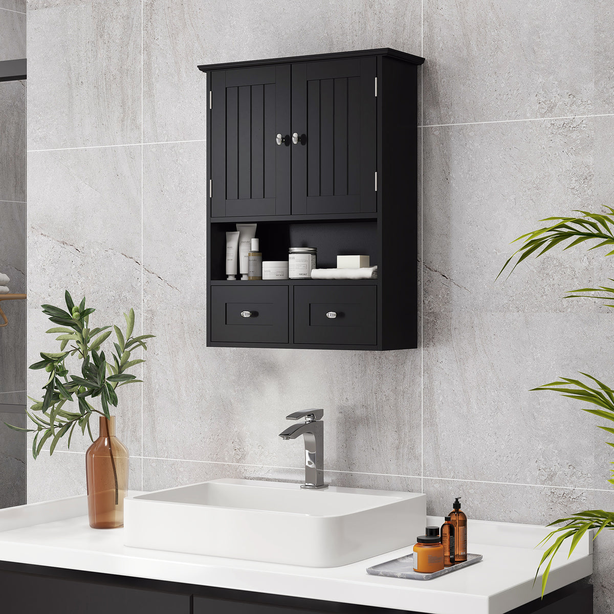 Armoire murale de salle de bain, armoire de toilette, avec portes, étagère, 2 tiroirs, 50,8l x 17,8P x 66H cm, noir-9