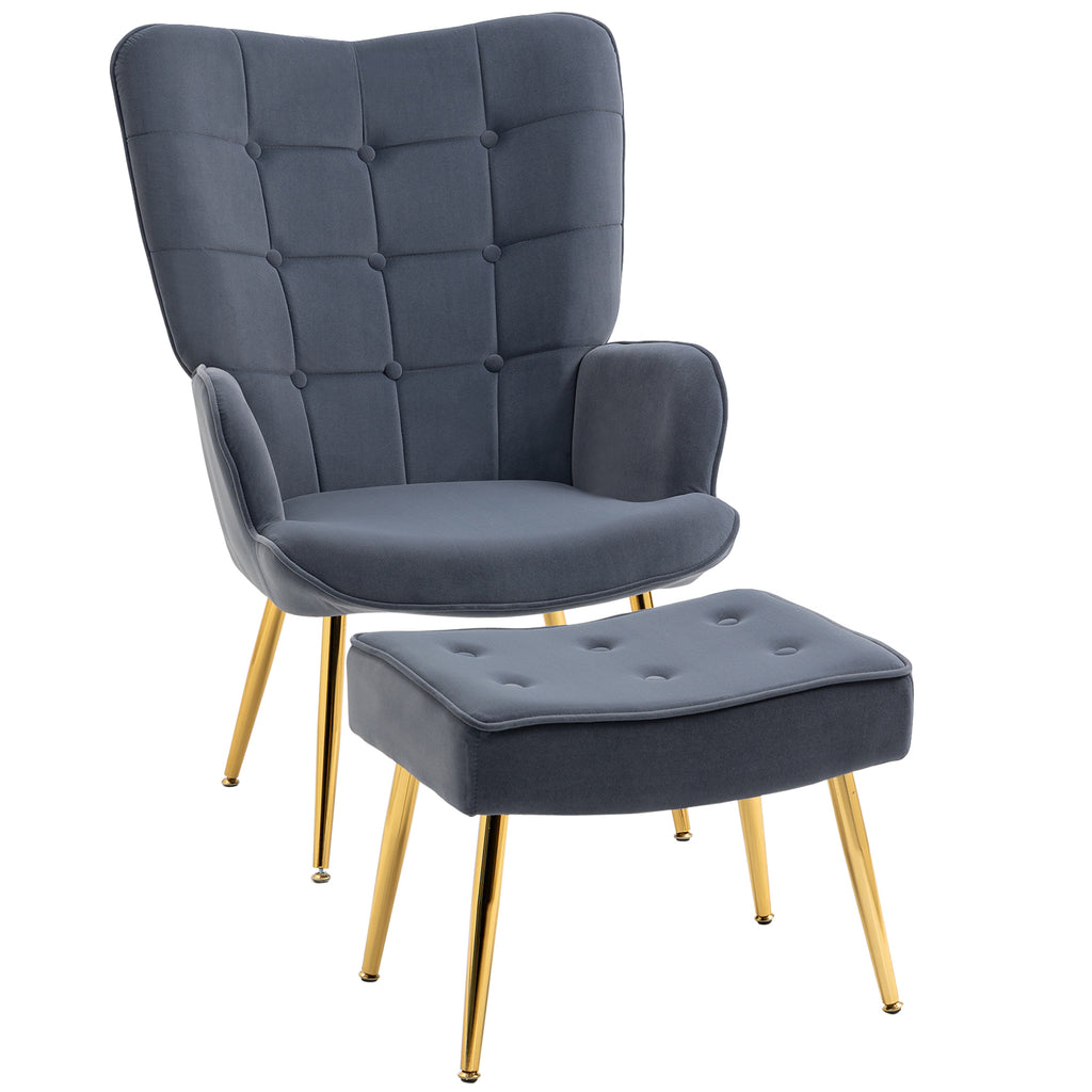 Fauteuil avec repose-pied, fauteuil salon capitonné avec dossier haut, pieds en acier doré et tissu velours, gris foncé-0