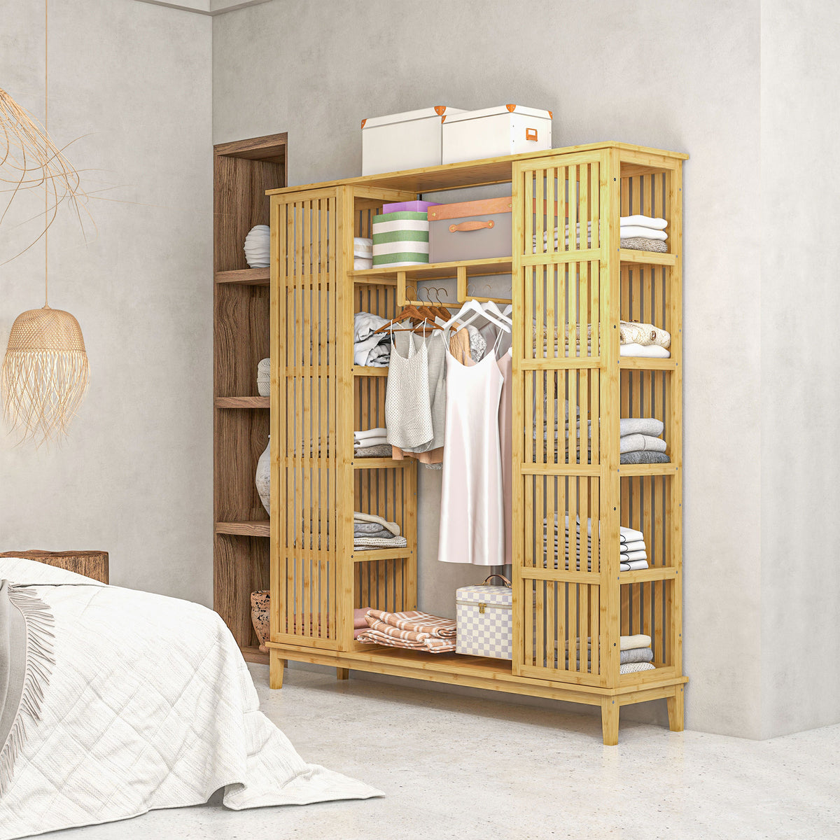 Armoire en bambou avec 2 portes coulissantes, étagères et tringle, grande armoire pour la chambre, 145 x 35 x 165cm-9