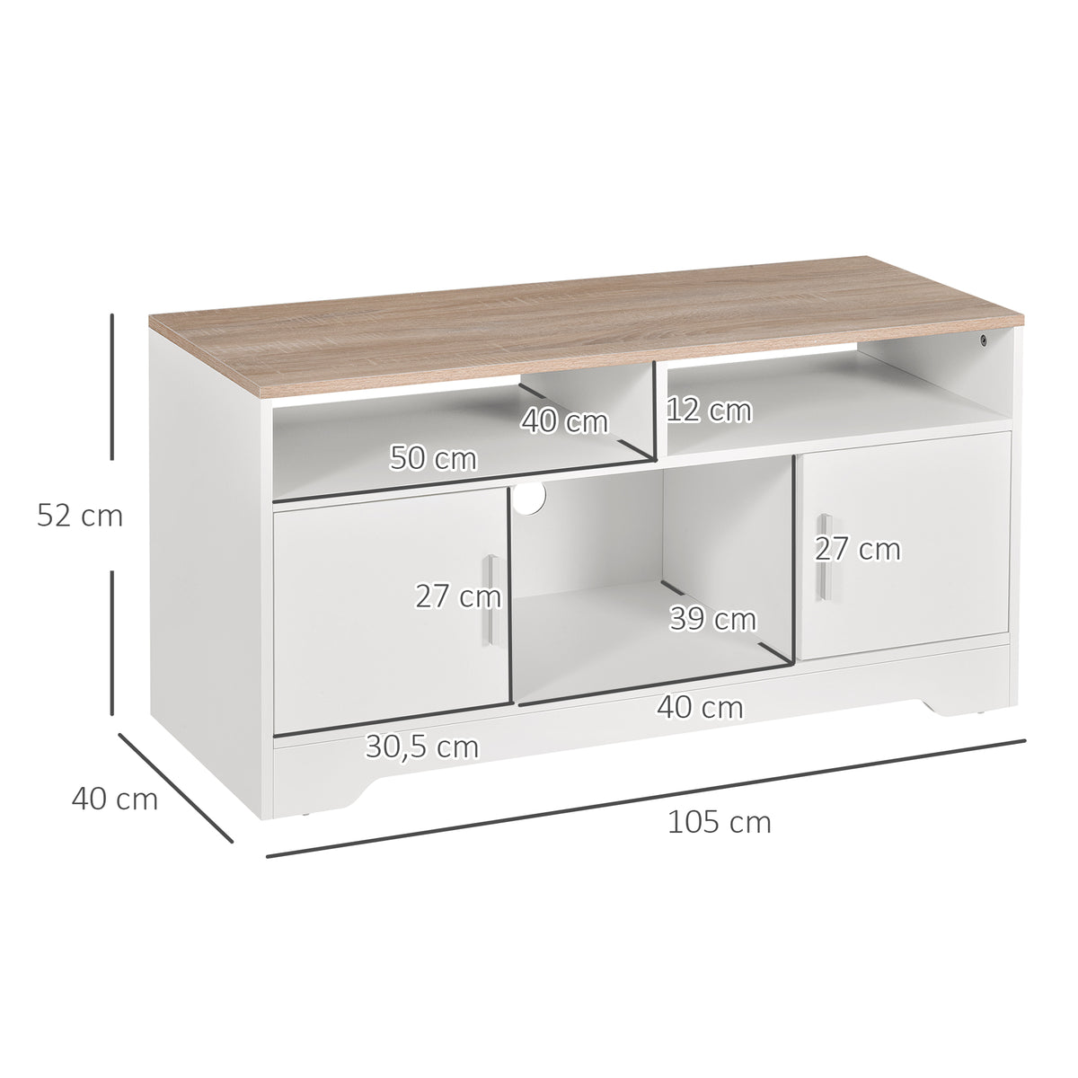 Meuble TV banc TV en bois grand espace de rangement avec 2 compartiments ouverts 2 armoires à porte une armoire ouverte 105 x 40 x 52 cm blanc-2