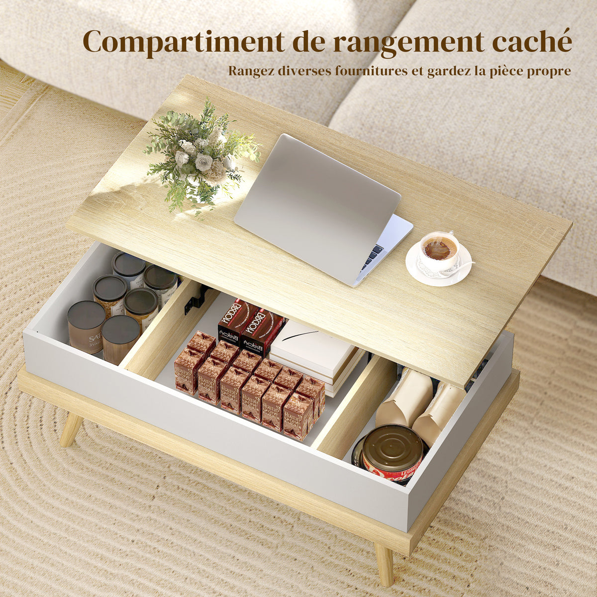 Table Basse Relevable avec 3 Compartiments Cachés, Table de Salon Moderne, Pieds en Bois, 100x79x54cm, Naturel Blanc-4