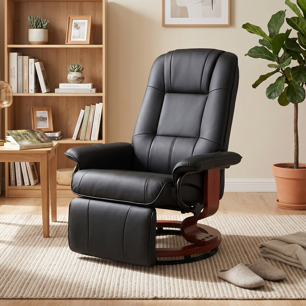 Fauteuil Relax Inclinable, Fauteuil de Salon, Repose-Pieds Réglable, Pivotant 360°, Piètement Bois, Revêtement Synthétique, Noir-9