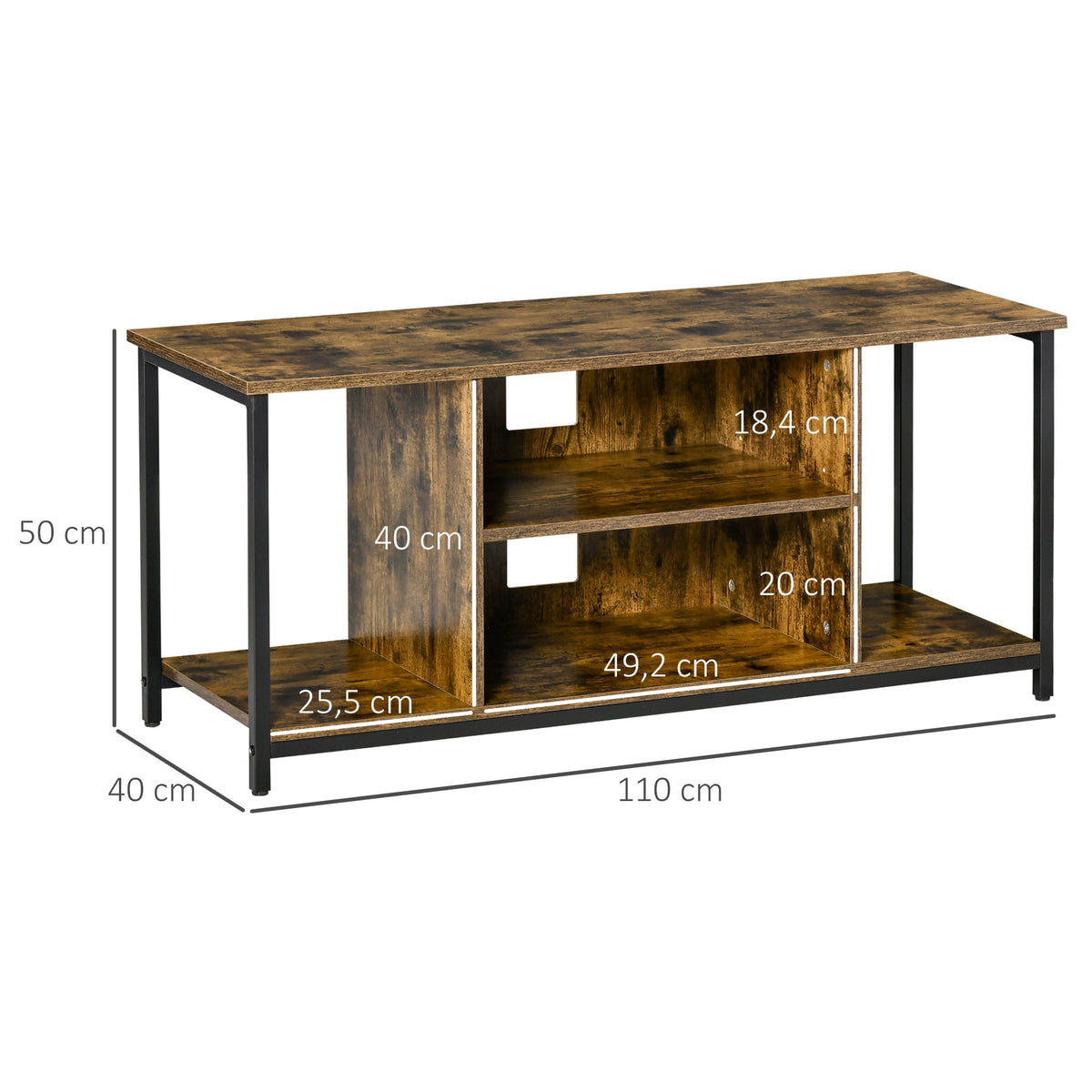 Meuble TV, meuble télé avec compartiments ouverts, étagère réglable, 110x40x50cm, brun rustique-2