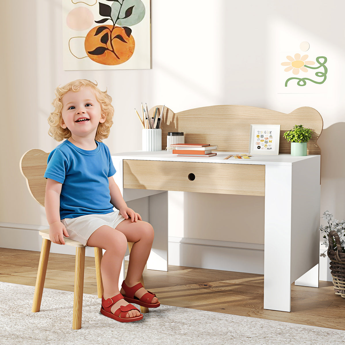 Bureau enfant avec chaise, table enfant et chaise avec tiroir et large plateau, 80 x 41 x 74,5 cm, bois naturel-1