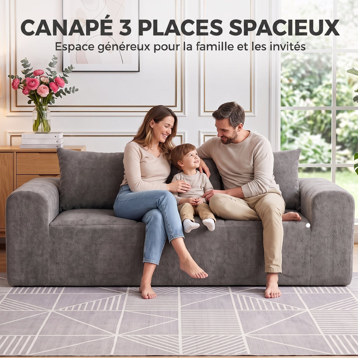 Canapé 3 Places en Chenille 220 cm, Canapé Salon Moderne avec Assise et Accoudoirs Larges, 3 Coussins, Gris-3