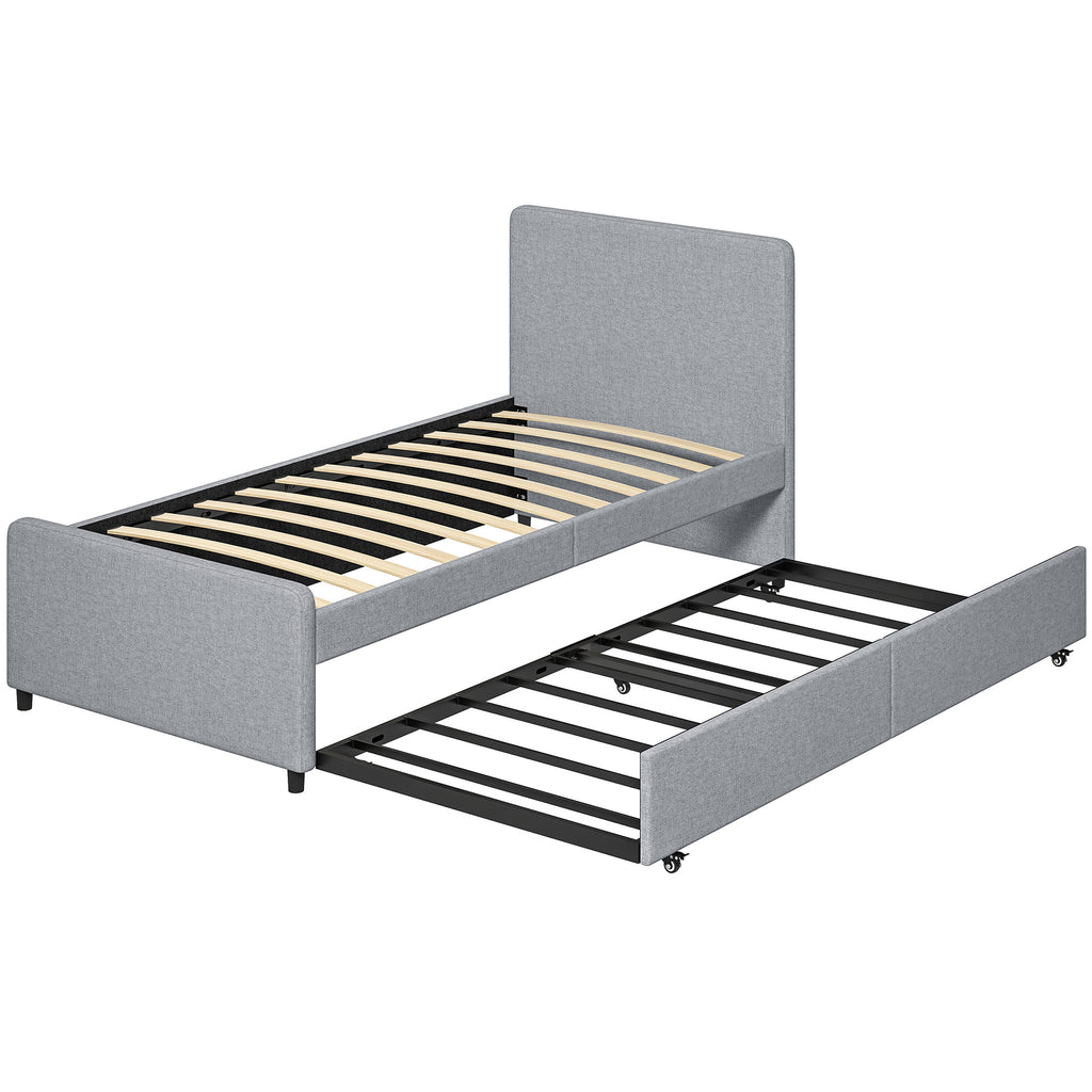 Lit gigogne 90 x 190 cm, cadre de lit simple/double avec sommier à lattes en bois, tête et pied rembourrés, gris clair-0