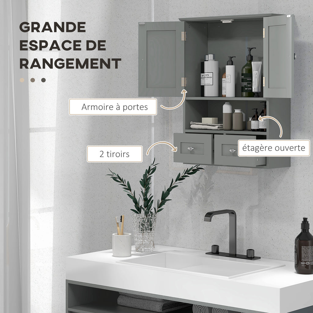 Armoire murale de salle de bain, armoire de toilette, avec portes, étagère, 2 tiroirs, 50,8l x 17,8P x 66H cm, gris-3