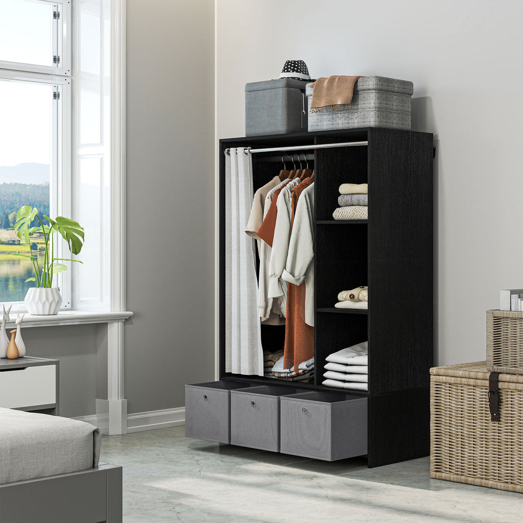 Armoire penderie armoire de rangement avec tringle rideaux 3 niches et 3 tiroirs en tissu amovibles 105 x 48 x 160 cm-1