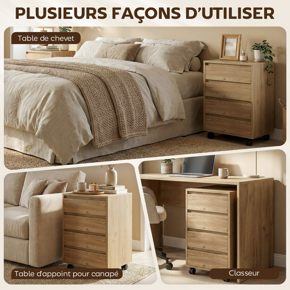 Caisson de bureau rangement bureau sur roulettes 4 tiroirs coulissants en bois aspect bois marron-6