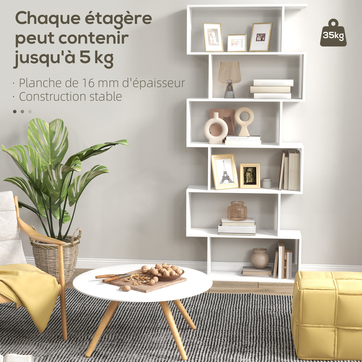 Bibliothèque étagère Zig zag Design Contemporain 80L x 23l x 192H cm 6 Niveaux Blanc-5