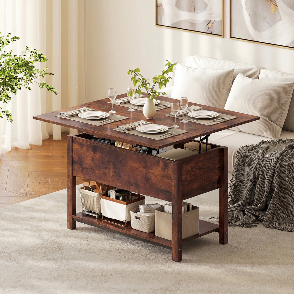 Table basse relevable et extensible table de salon avec compartiment caché étagère ouverte 100x45x50,5cm brun rustique-9