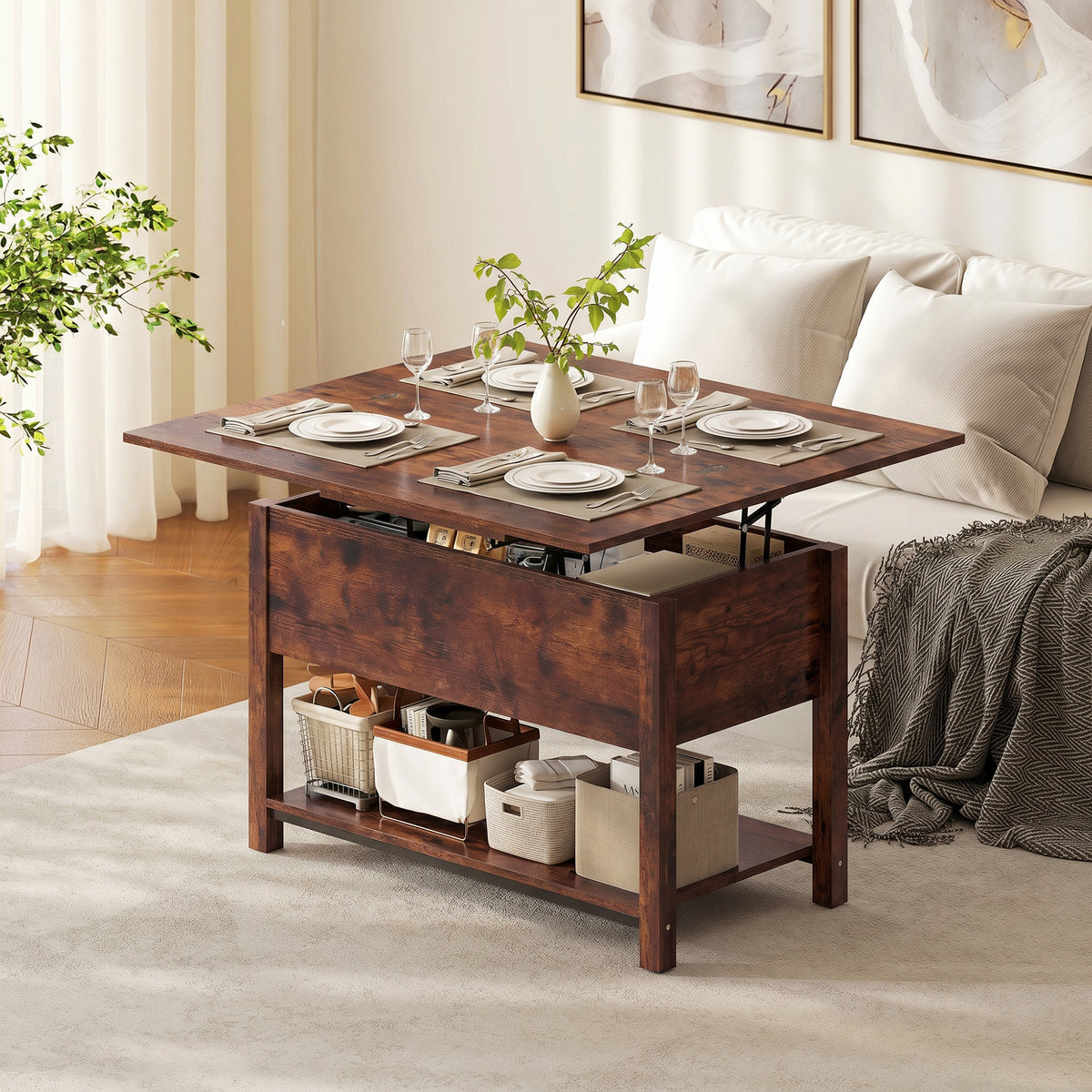 Table basse relevable et extensible table de salon avec compartiment caché étagère ouverte 100x45x50,5cm brun rustique-9