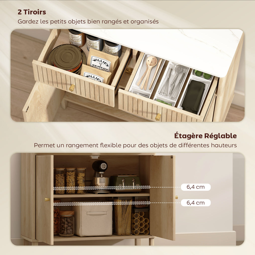 Buffet, meuble de rangement cannelé avec plateau effet marbre, 2 tiroirs, 2 portes, étagère réglable, 77x30x80cm, chêne-5