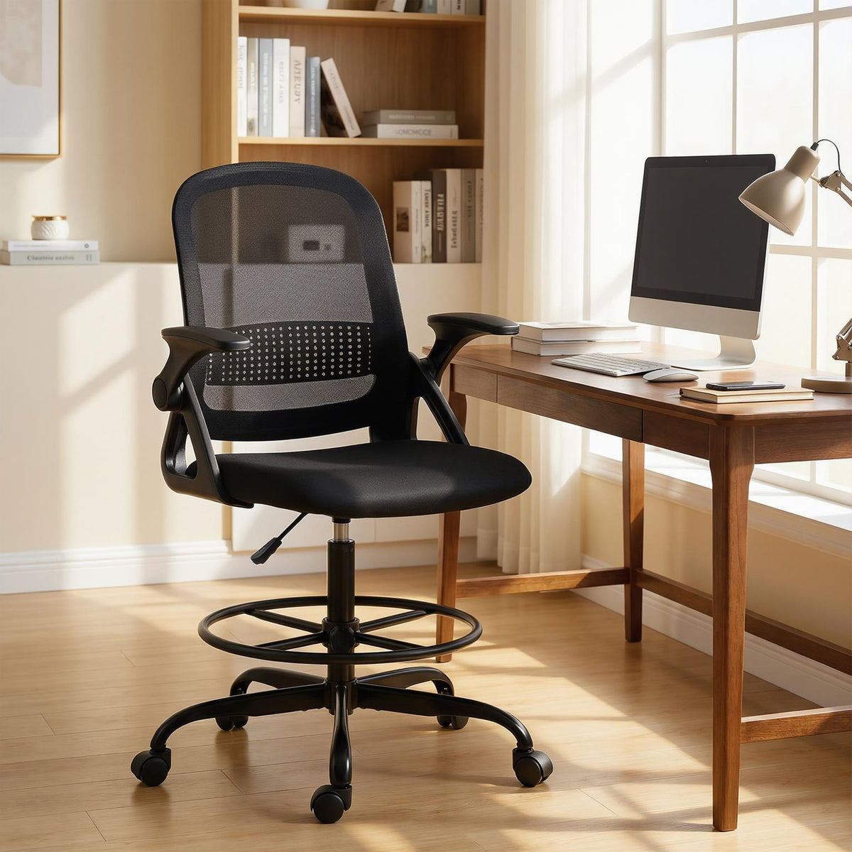 Chaise de bureau en maille, chaise d'ordinateur avec accoudoirs rabattables, hauteur réglable, repose-pieds, noir-9