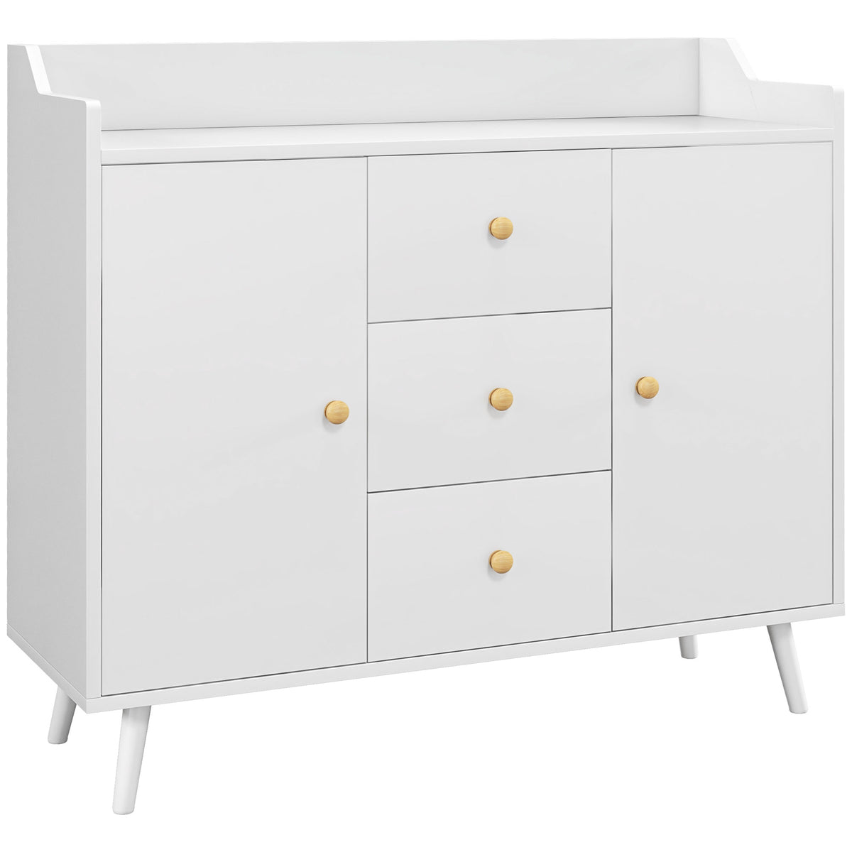 Buffet, meuble de rangement avec 2 portes, 3 tiroirs et pieds en bois massif, style moderne, 90 x 32 x 80 cm, blanc-0