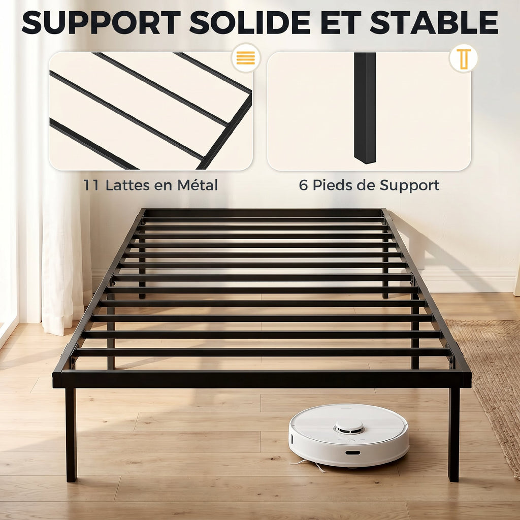 Cadre de lit 90 x 200 cm avec sommier en métal, lit simple avec rangement au-dessous, sans bruit, montage facile, noir-3