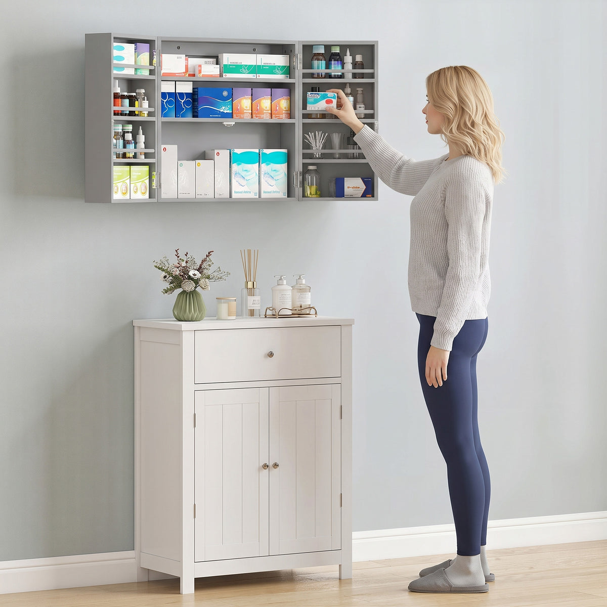 Armoire à pharmacie murale, armoire à médicaments avec double porte verrouillable 2 clés, 53x20x53cm, gris-8