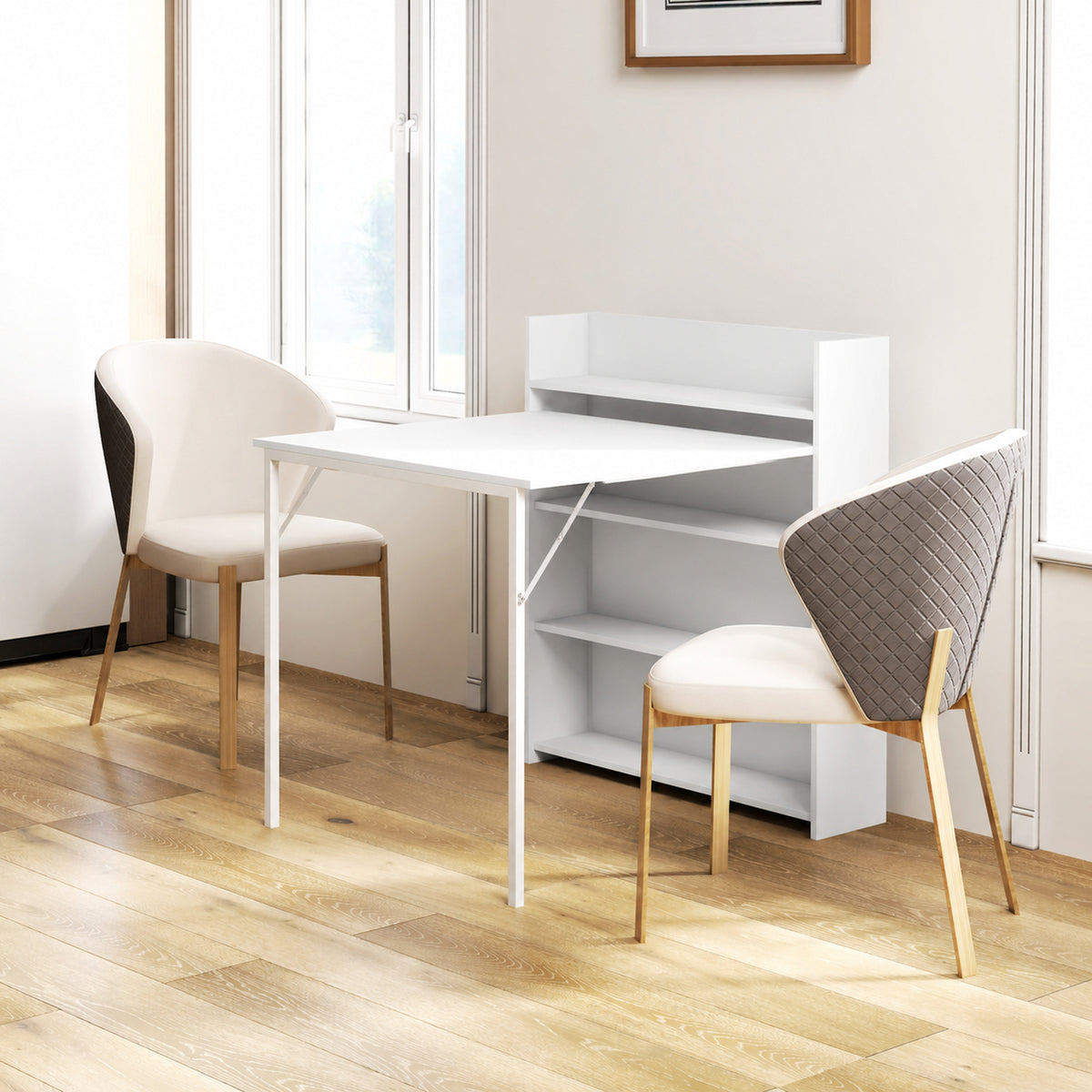 Table à manger pliante, table de cuisine pour 3 personnes, plateau à abattant et 4 étagères, 78,5x91x93cm, blanc-1