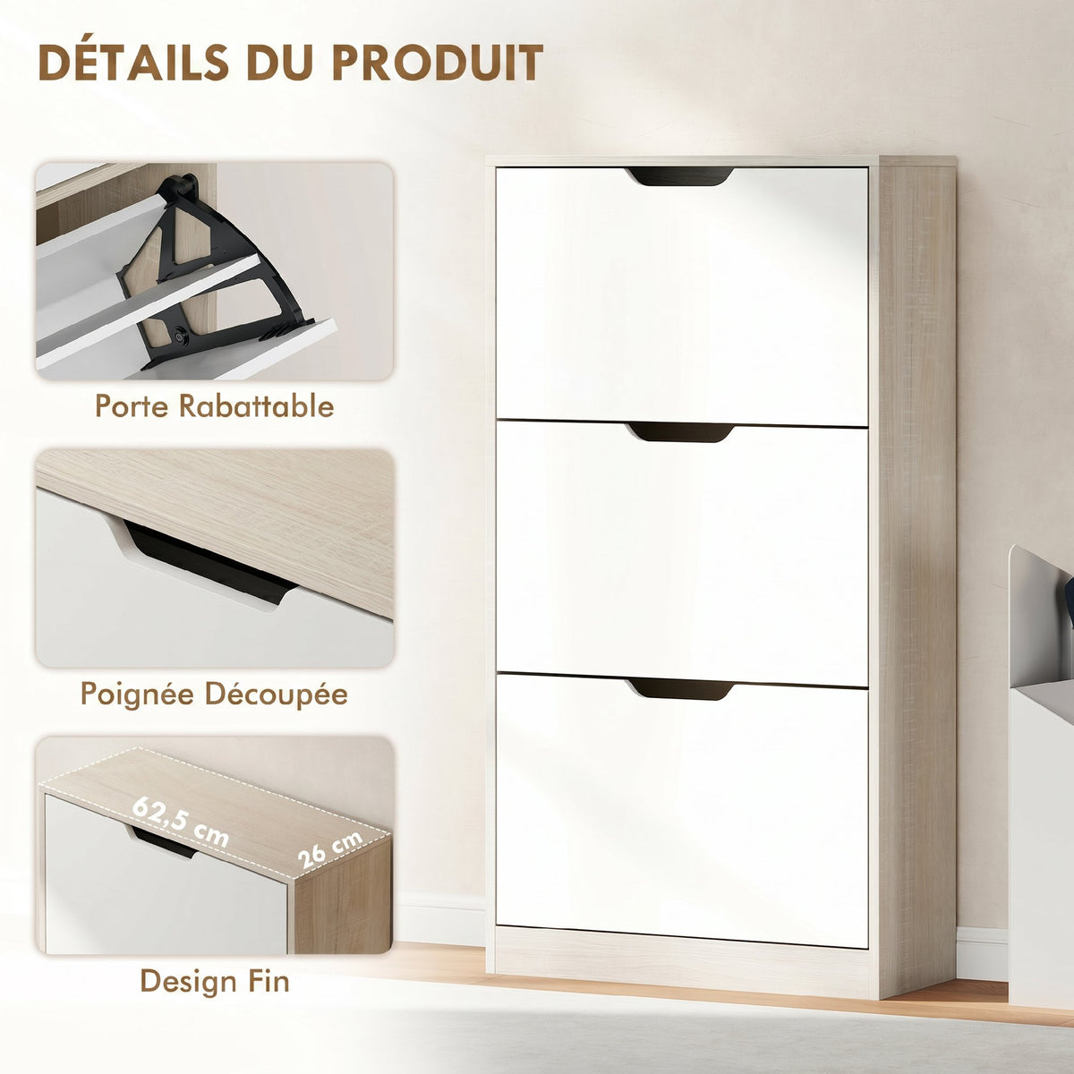Meuble à chaussures 12 paires, armoire à chaussures étroite, 3 tiroirs rabattables, chêneet blanc-5