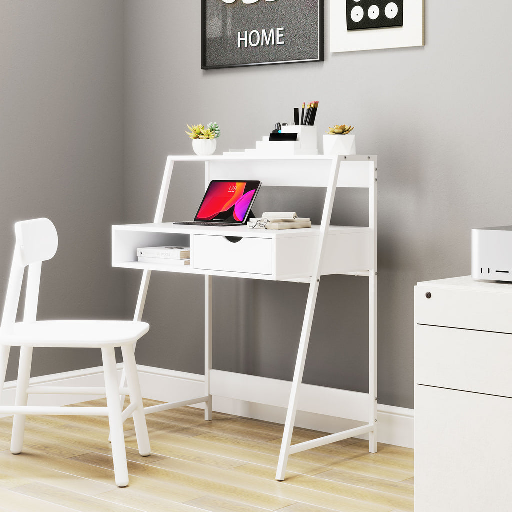 Bureau secrétaire Bureau Informatique Style néo-rétro tiroir Niche étagère métal Blanc-9