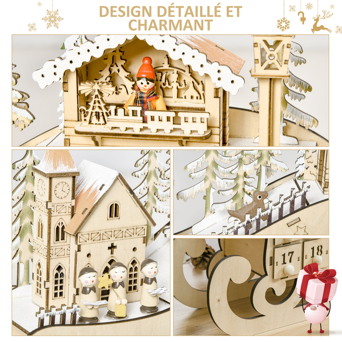 Calendario dell’Avvento di Natale in legno a slitta con 24 cassetti e 10 LED