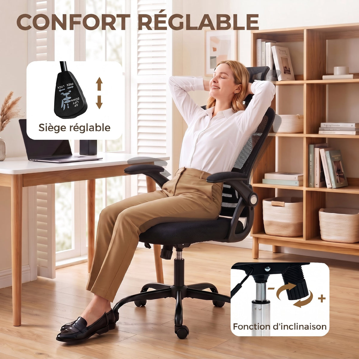 Chaise Bureau Ergonomique, Accoudoirs Relevables, Appui-tête, Fonction Basculante, Hauteur Réglable, 59x62x125cm, Noir-6