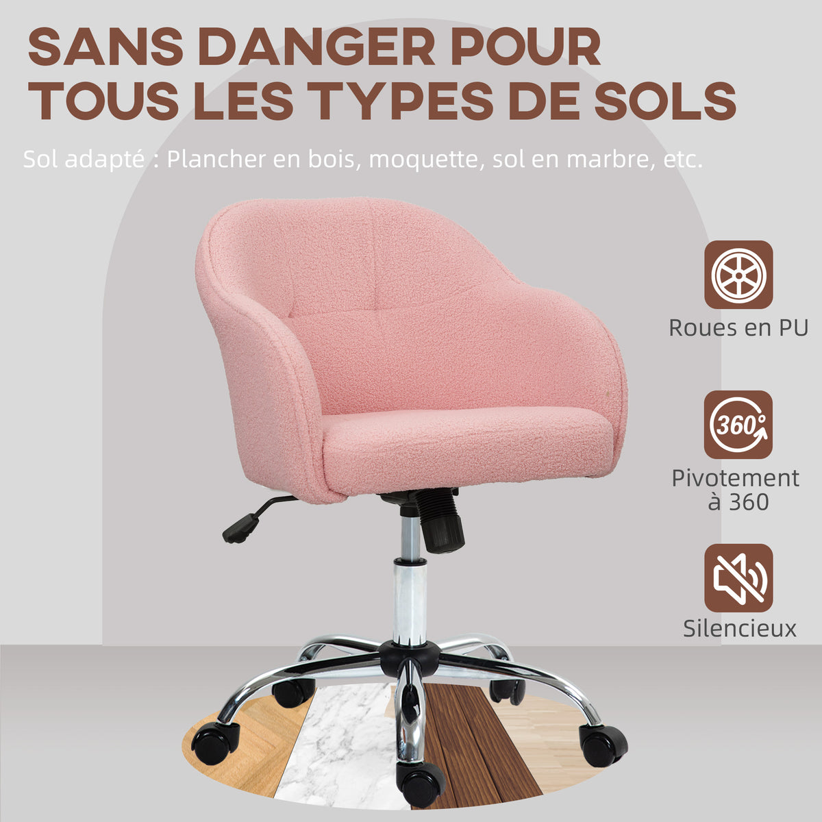 Chaise de bureau, fauteuil de bureau ergonomique, hauteur réglable, assise et dossier rembourrés, rose-4