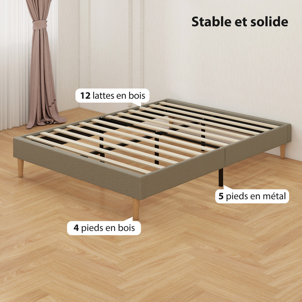 Cadre de lit 140 x 190 cm avec sommier à lattes en bois, lit double rembourré en velours côtelé, gris-5
