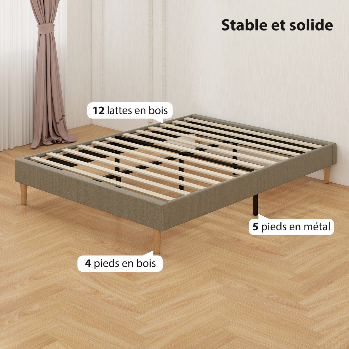 Cadre de lit 140 x 190 cm avec sommier à lattes en bois, lit double rembourré en velours côtelé, gris-5