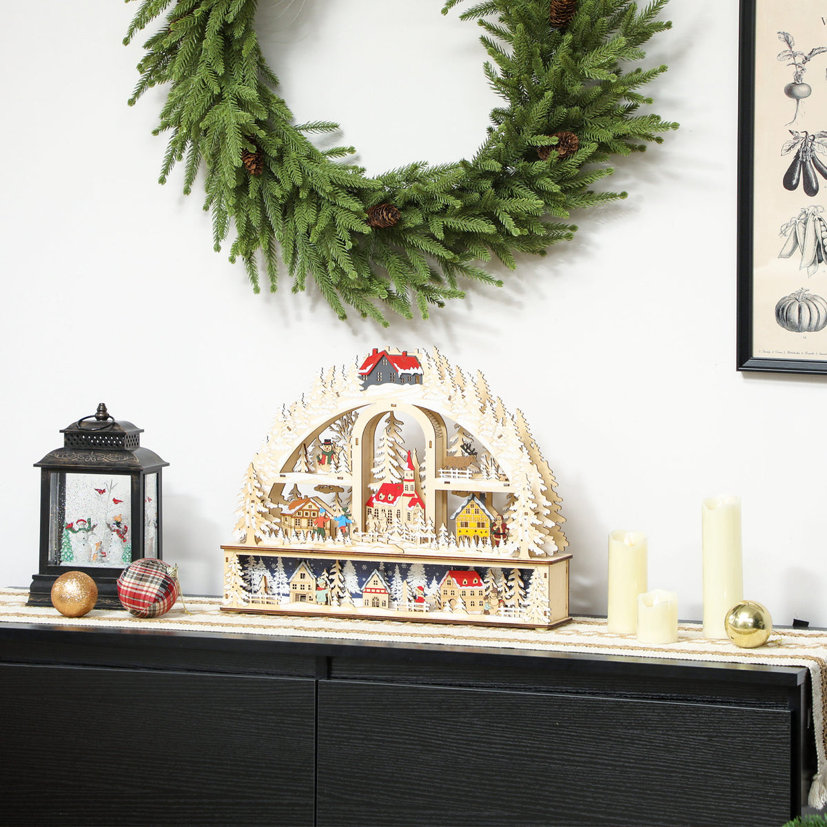 Villaggio di Natale ad arco in legno con 20 LED, 45 × 10 × 35 cm