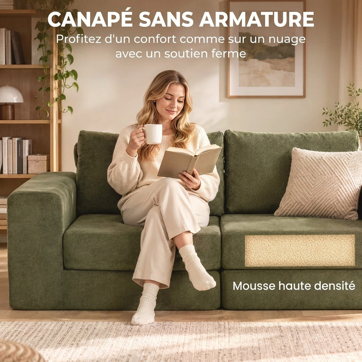 Canapé Convertible 2 Places 4 en 1, Canapé-Lit Compressé en Chenille 208 cm avec Assise Large, 2 Oreillers, Vert-5
