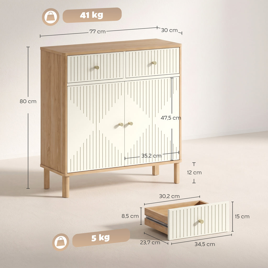 Buffet, meuble de rangement cannelé avec plateau effet chêne, 2 tiroirs, 2 portes, étagère réglable, 77x30x80cm, crème-2