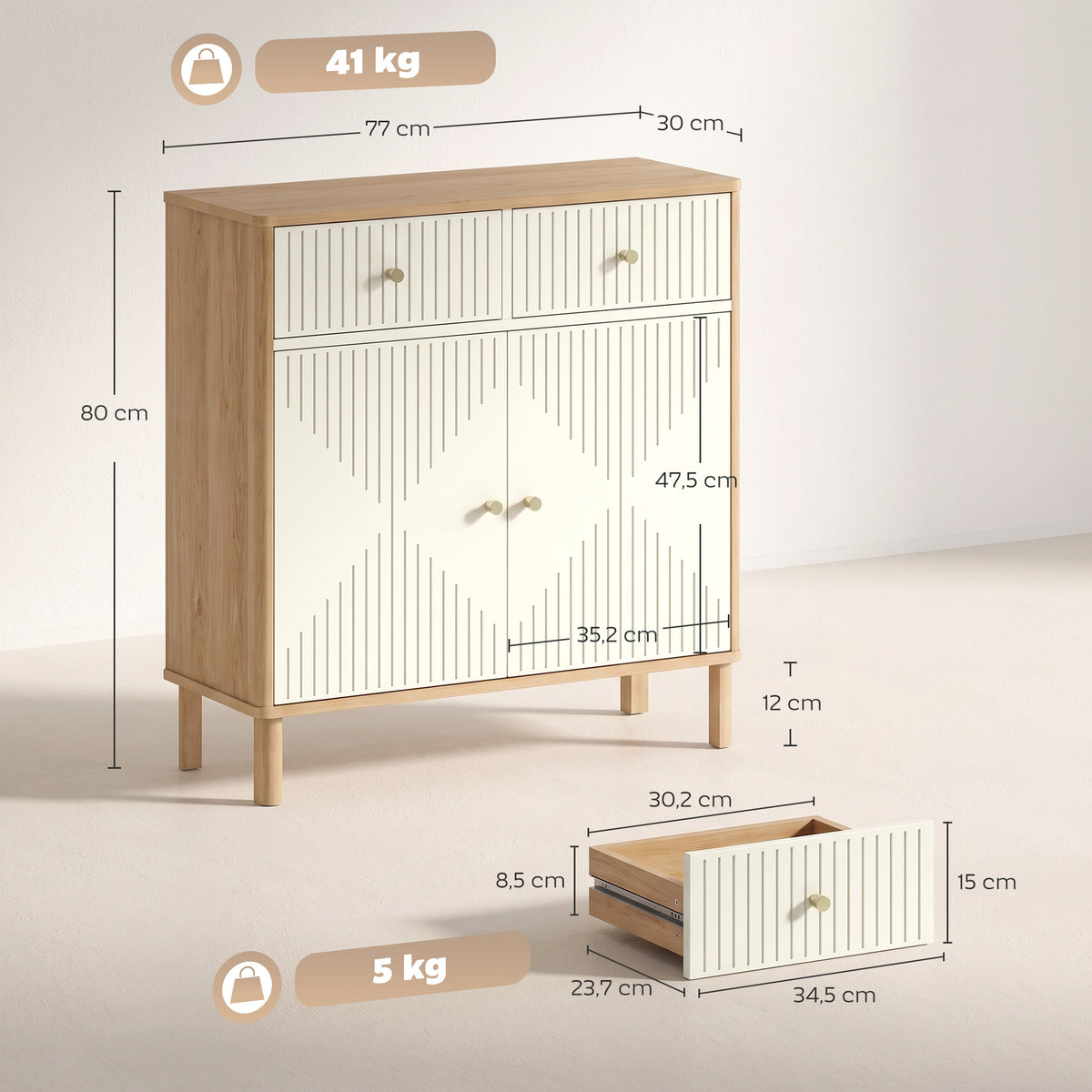 Buffet, meuble de rangement cannelé avec plateau effet chêne, 2 tiroirs, 2 portes, étagère réglable, 77x30x80cm, crème-2