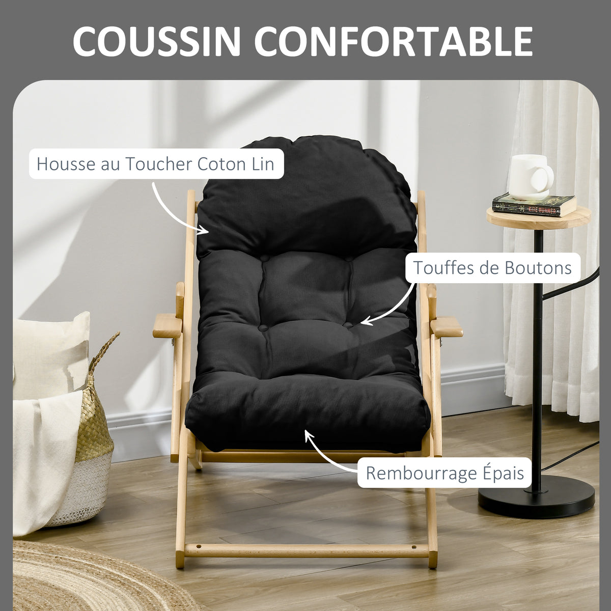 Fauteuil Chaise de Salon Pliable et inclinable en Bois Fauteuil Relax Confortable avec Coussin capitonné épais-4